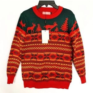 Scandinavian Winter Pullover Christmas Sweater Thick Red Elk Slim Crew Neck